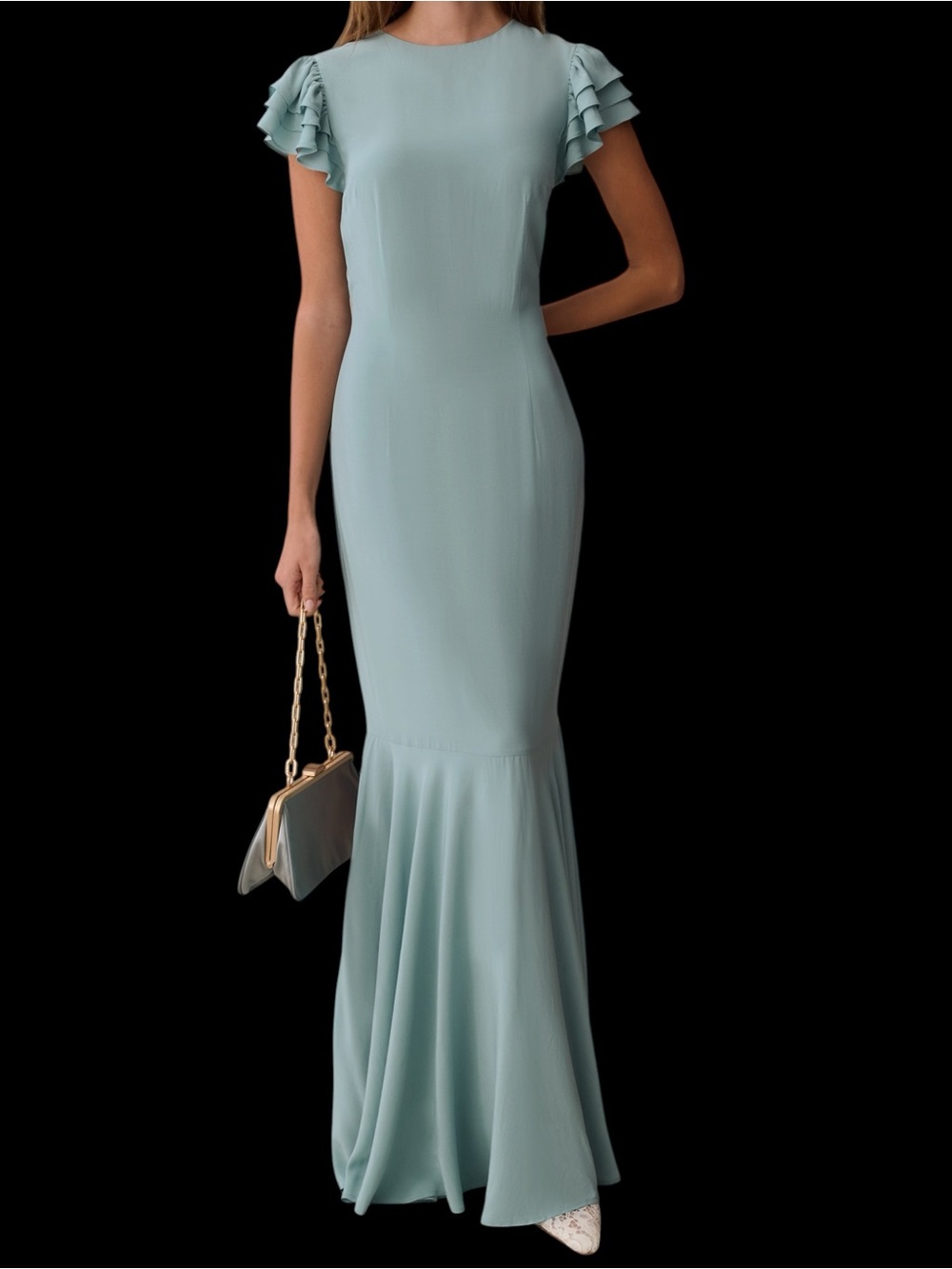 Few Moda o.p.t. Martha Dress Ruffled Sleeve Mermaid Gown Light Blue NWT Size. 6